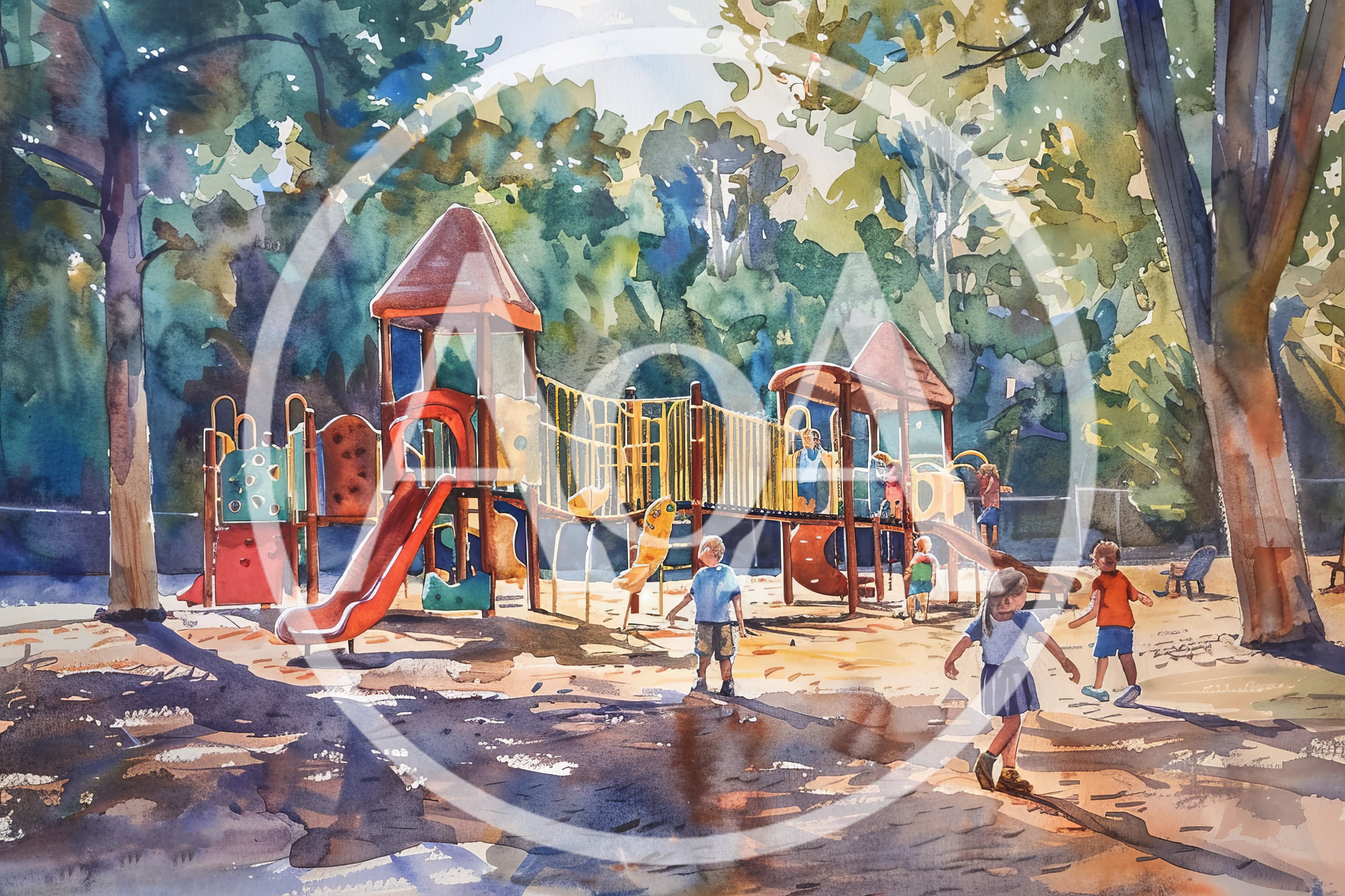 Watercolor Painting Of Children Playing On Playground Equipment