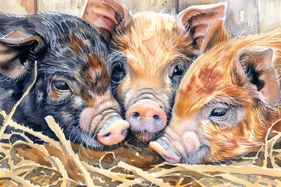 Three Cute Piglets Resting Together In Straw