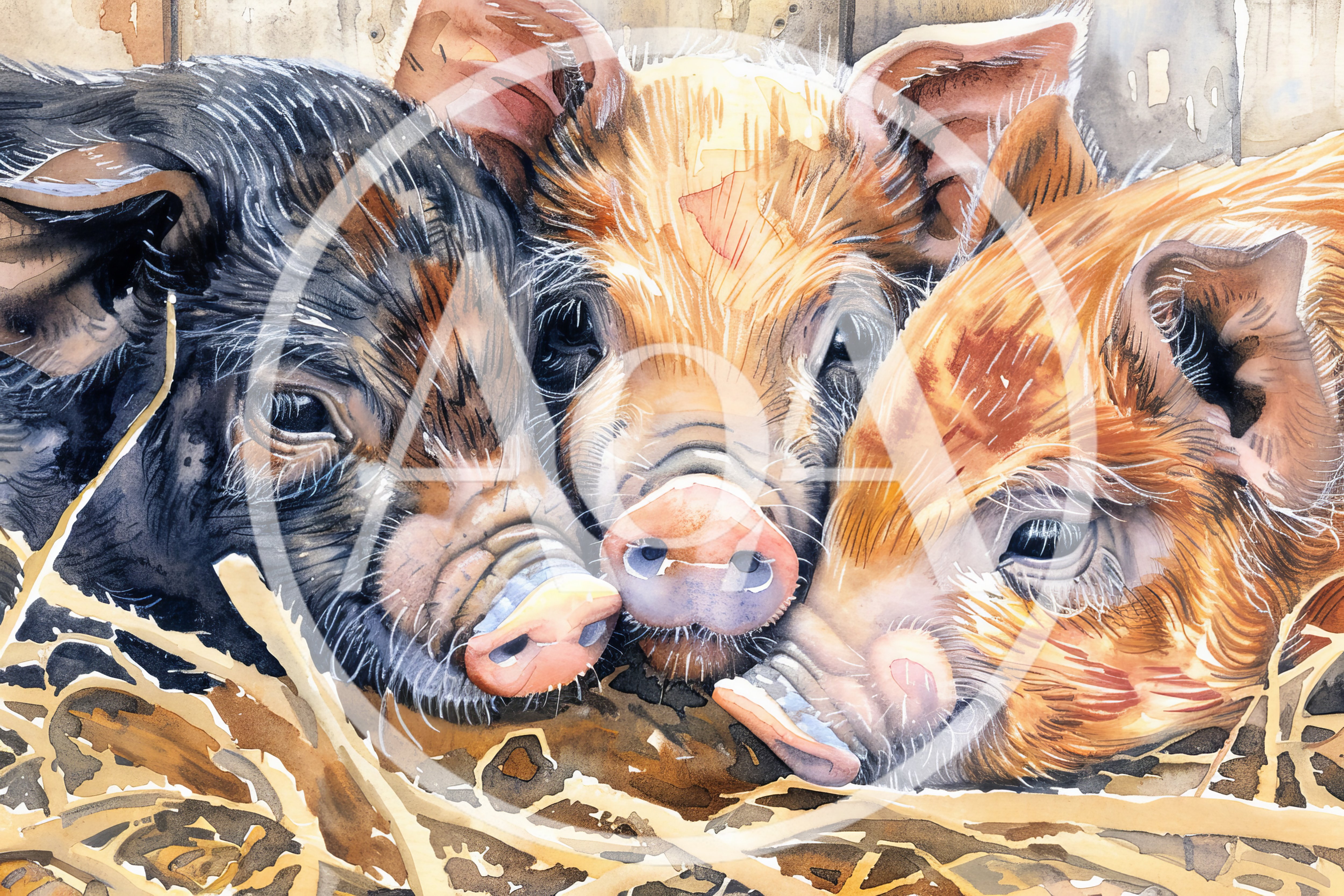 Three Cute Piglets Resting Together In Straw