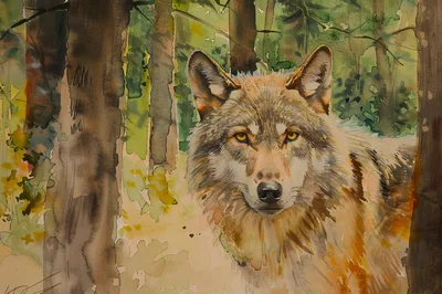Watercolor Painting Of A Wolf In The Forest