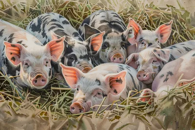 Group of Cute Piglets Resting in Straw