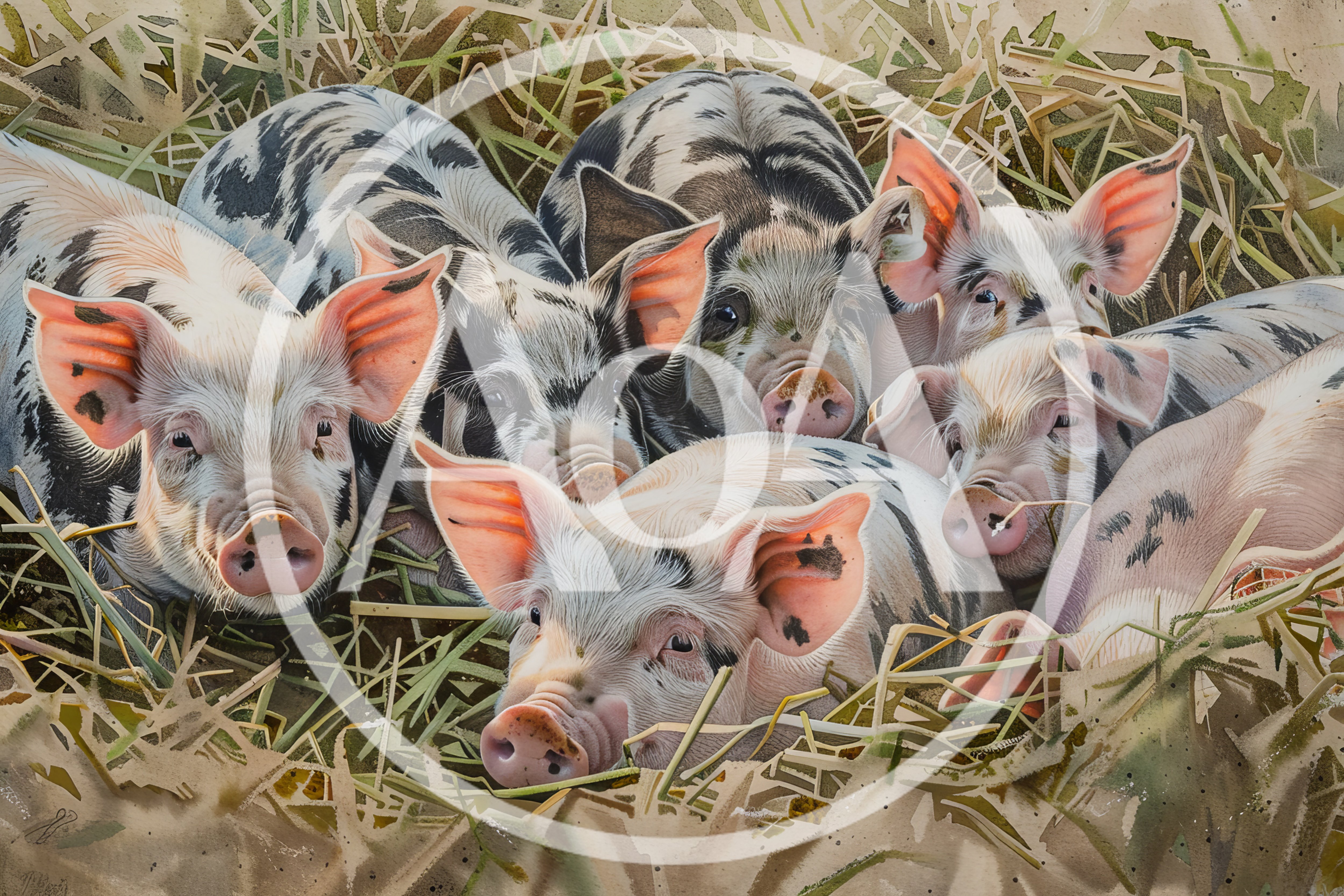 Group of Cute Piglets Resting in Straw