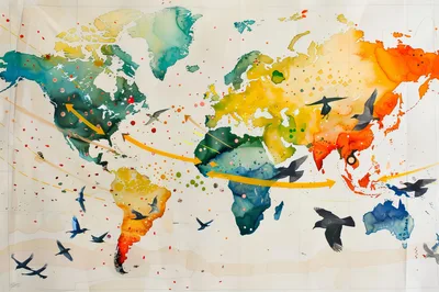 Watercolor World Map With Migratory Bird Illustrations