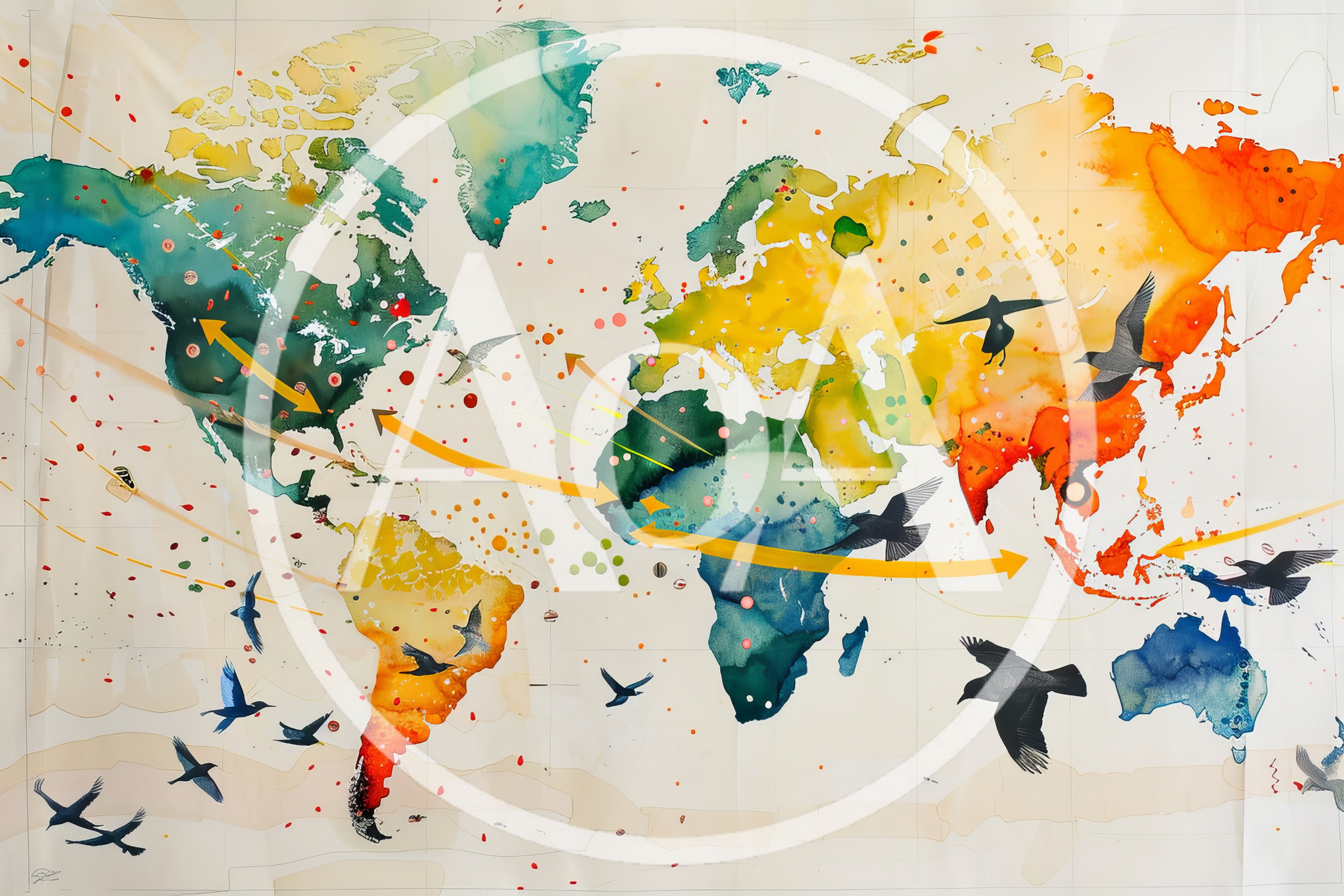 Watercolor World Map With Migratory Bird Illustrations