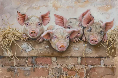 Four Cute Piglets Peeking Over A Wooden Fence