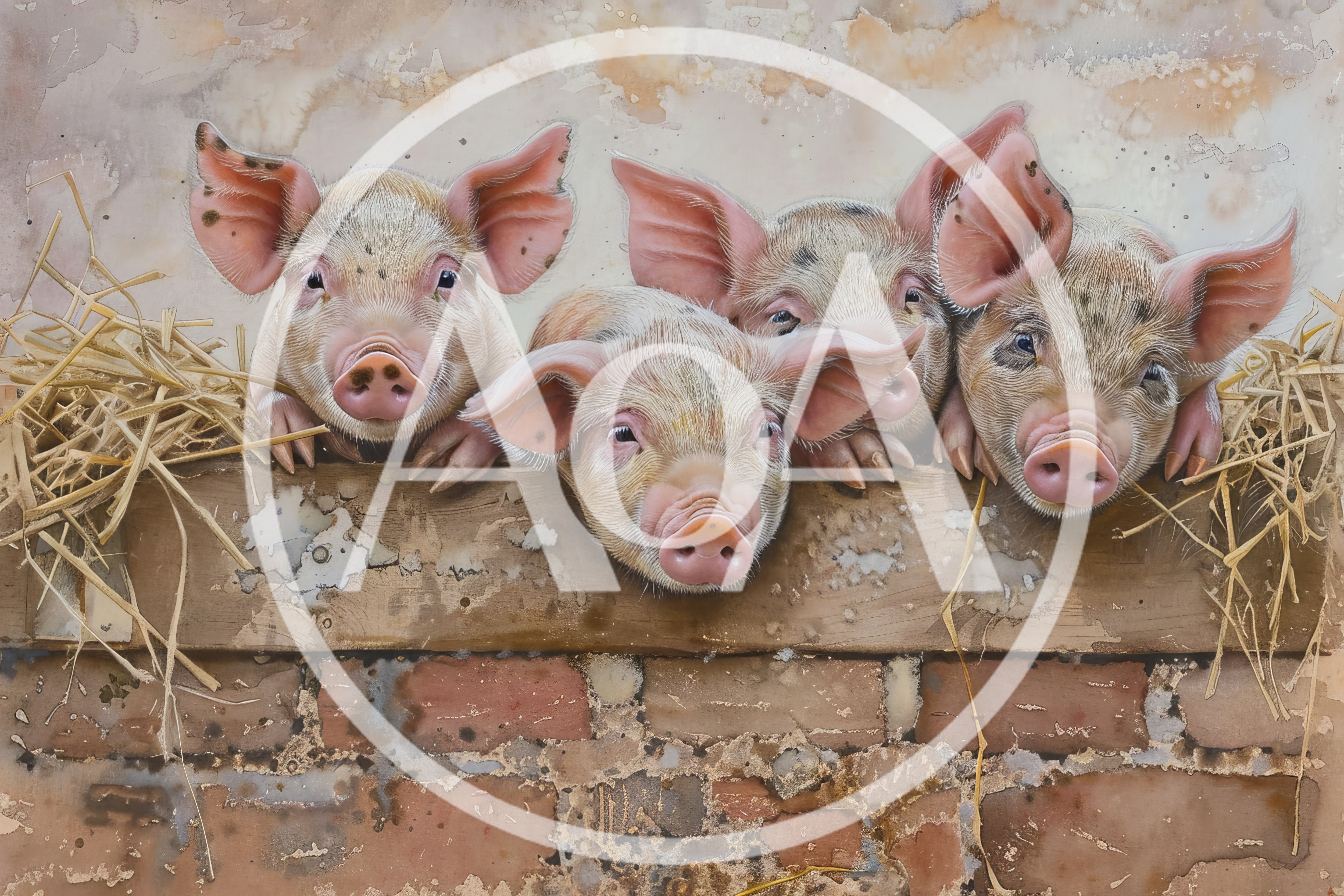 Four Cute Piglets Peeking Over A Wooden Fence