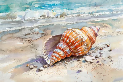 Watercolor Painting Of A Large Seashell On The Beach