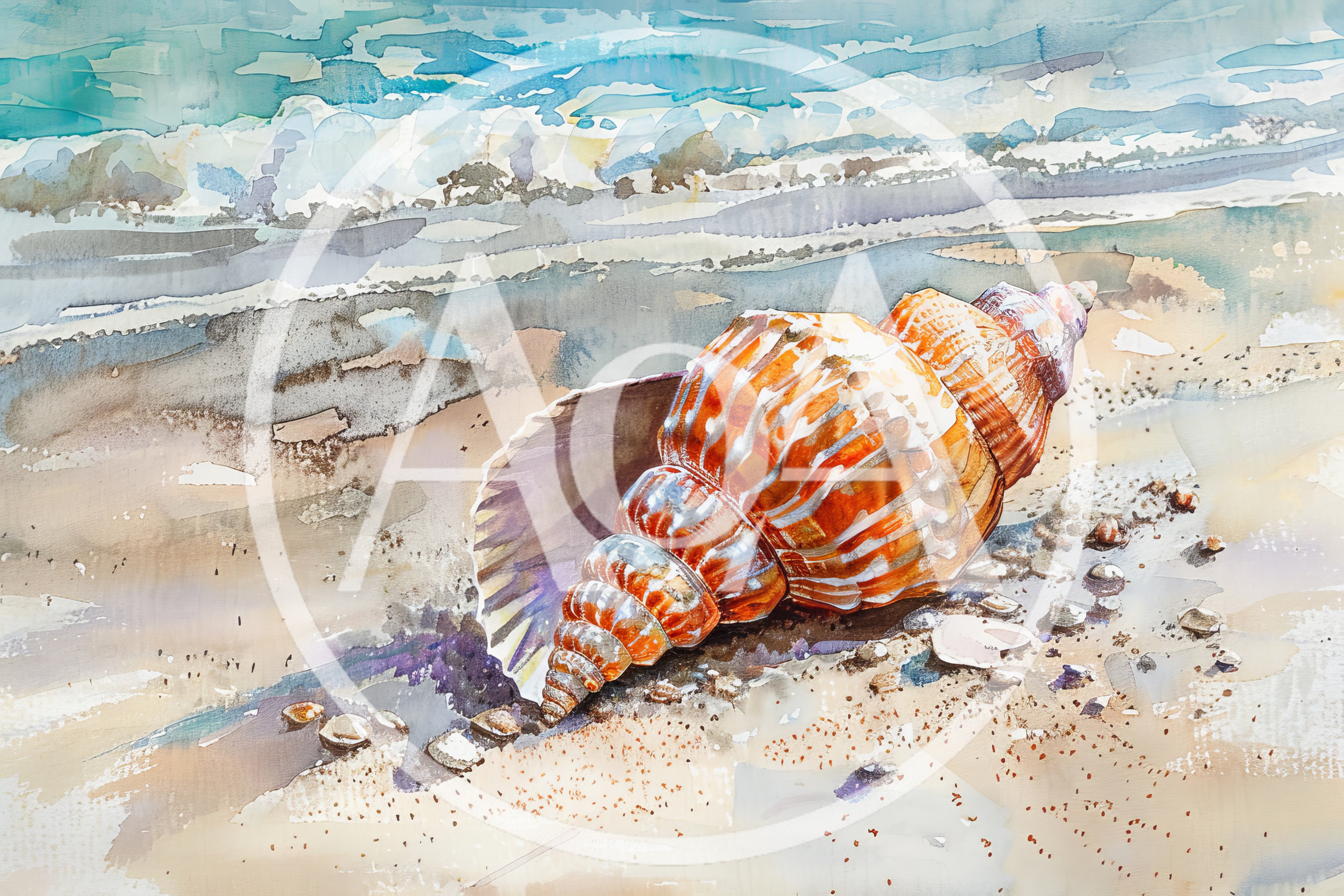 Watercolor Painting Of A Large Seashell On The Beach