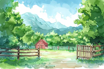 Watercolor Illustration Of A Red Barn In Mountain Landscape