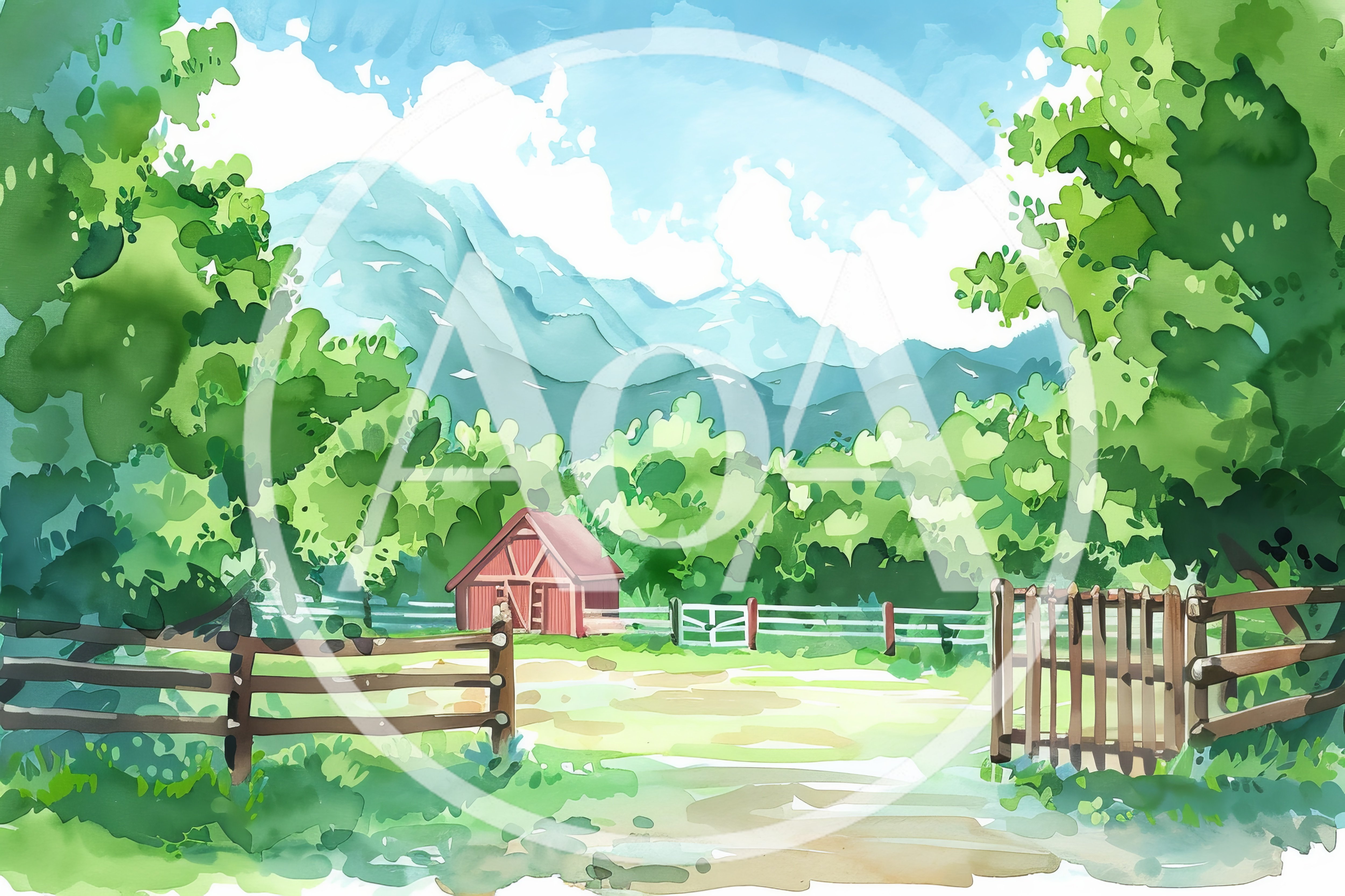 Watercolor Illustration Of A Red Barn In Mountain Landscape