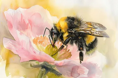 Bumblebee Pollinating A Pink Flower Watercolor Illustration