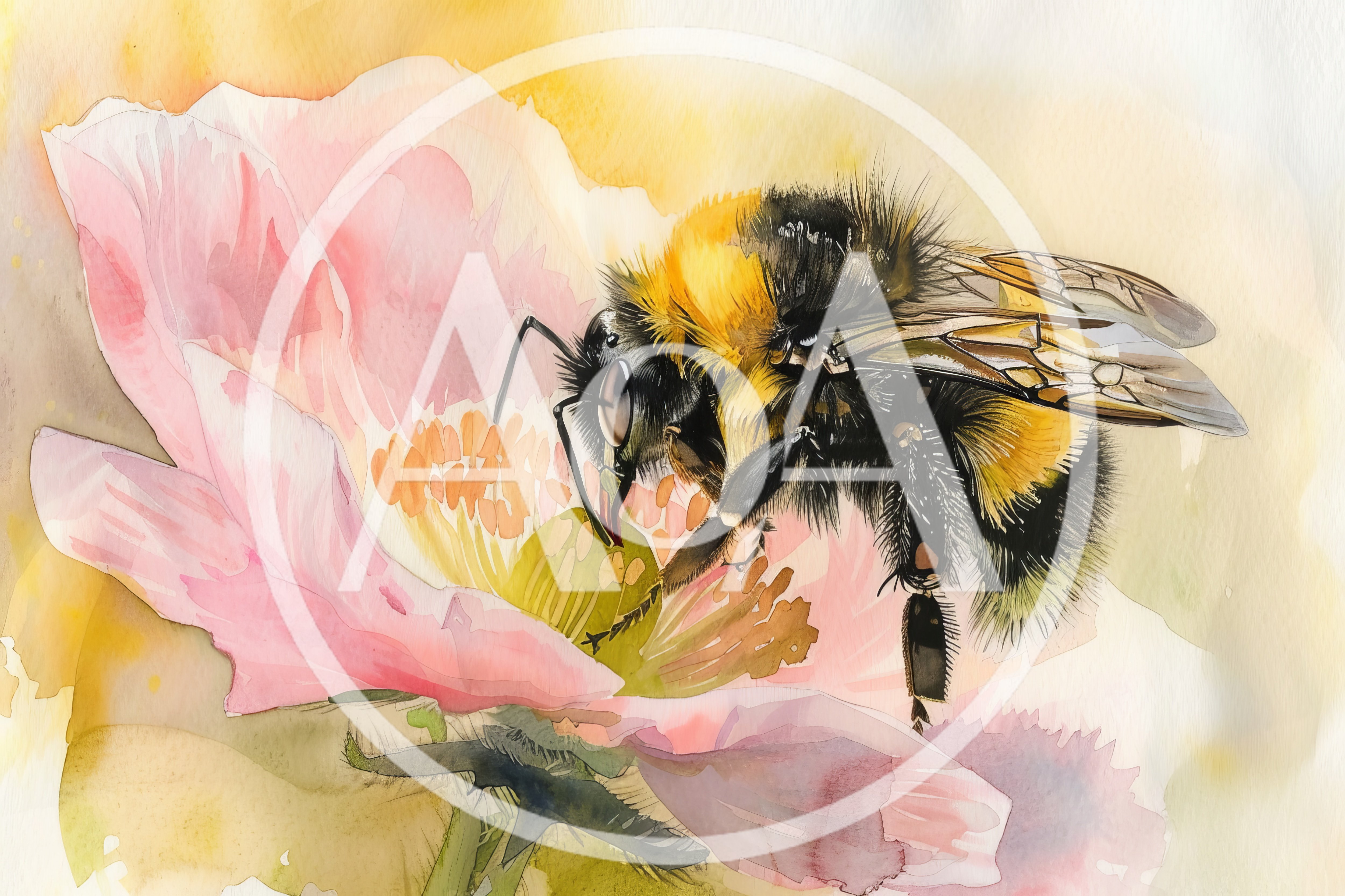 Bumblebee Pollinating A Pink Flower Watercolor Illustration
