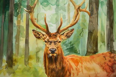 Watercolor Painting Of A Majestic Elk In Forest