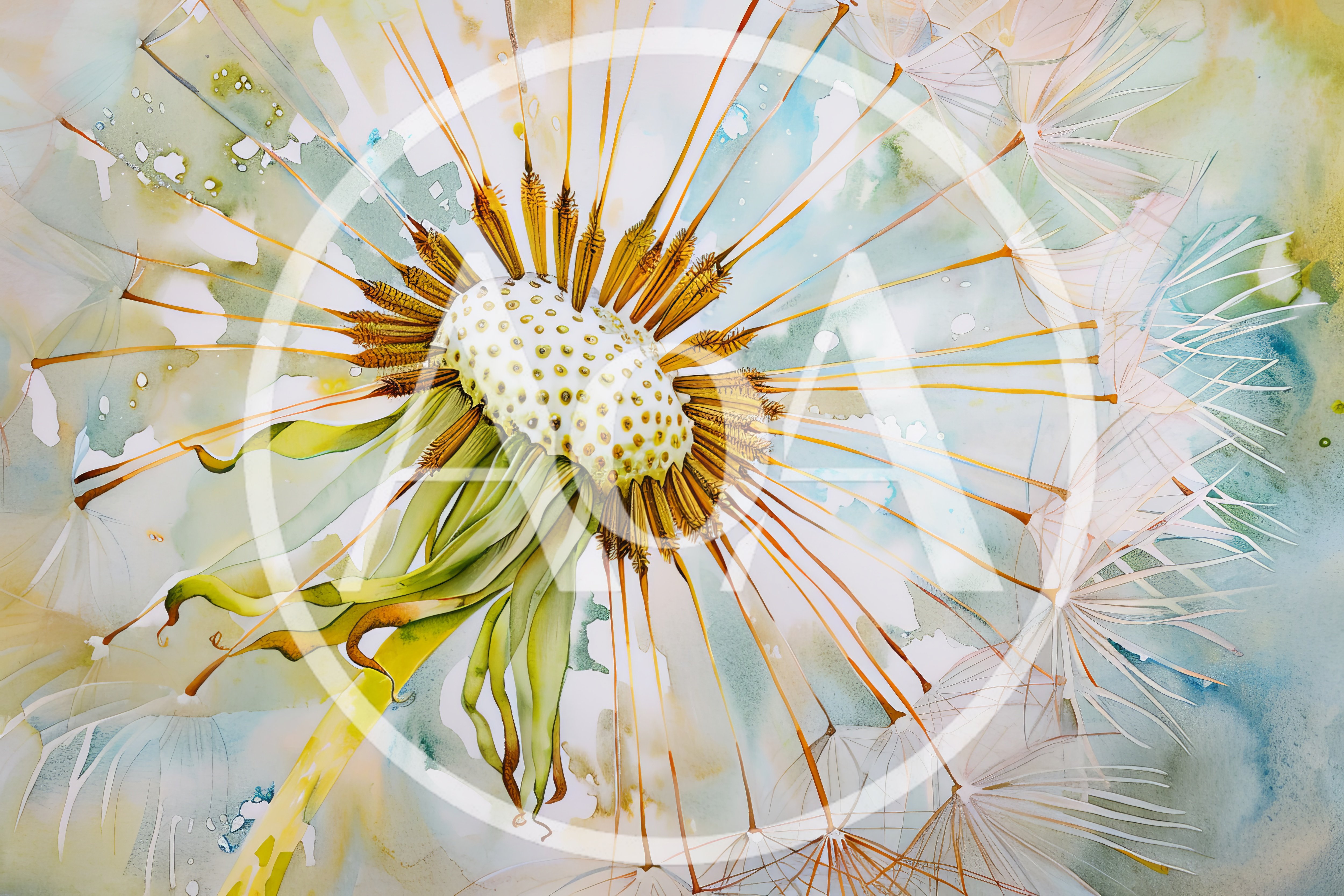 Macro Watercolor Painting Of A Dandelion Seed Head