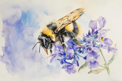 Watercolor Painting Of A Bumblebee On Purple Flowers