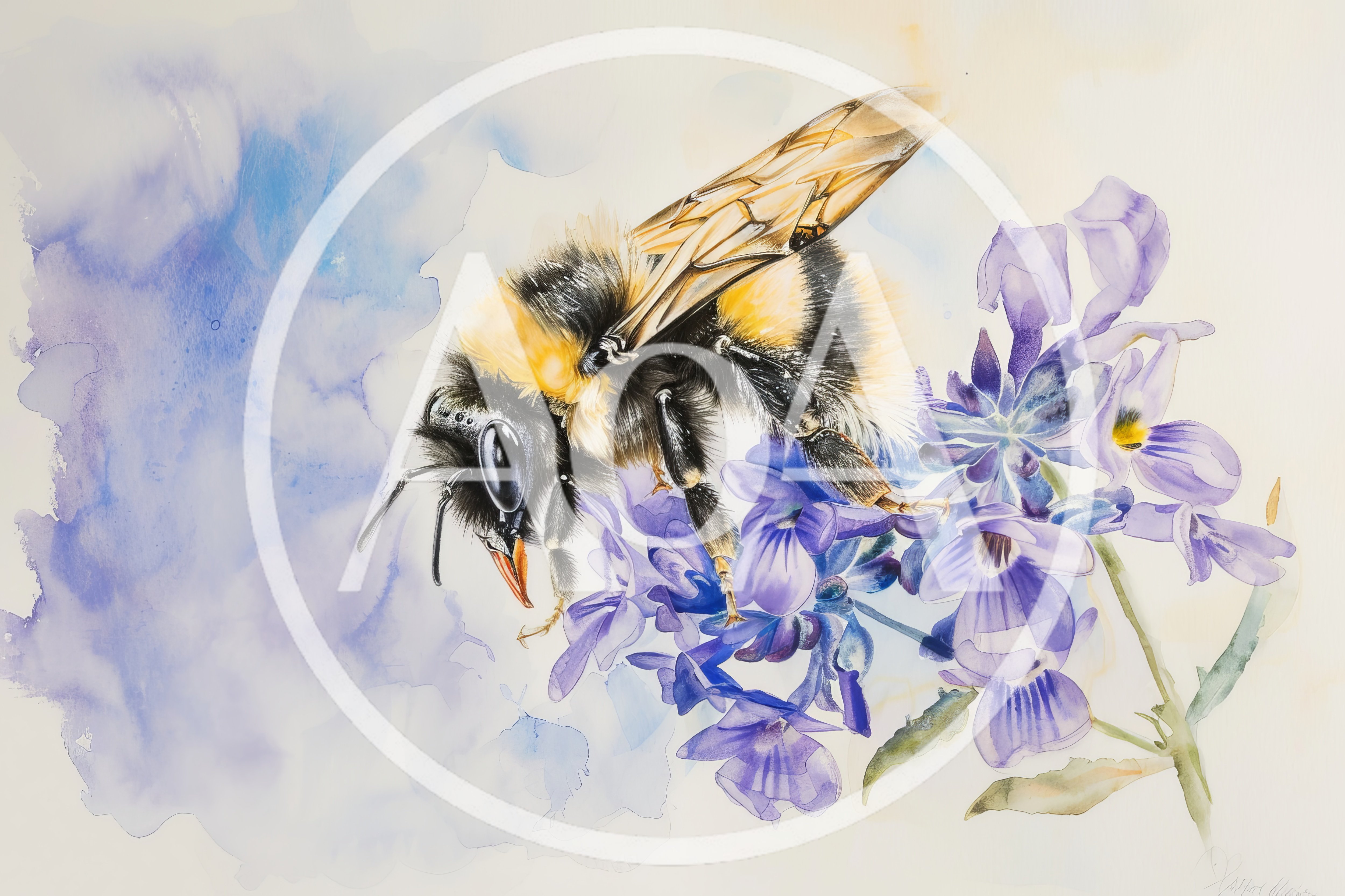 Watercolor Painting Of A Bumblebee On Purple Flowers