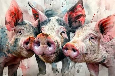 Three Cute Piglets Looking At Camera Watercolor Illustration