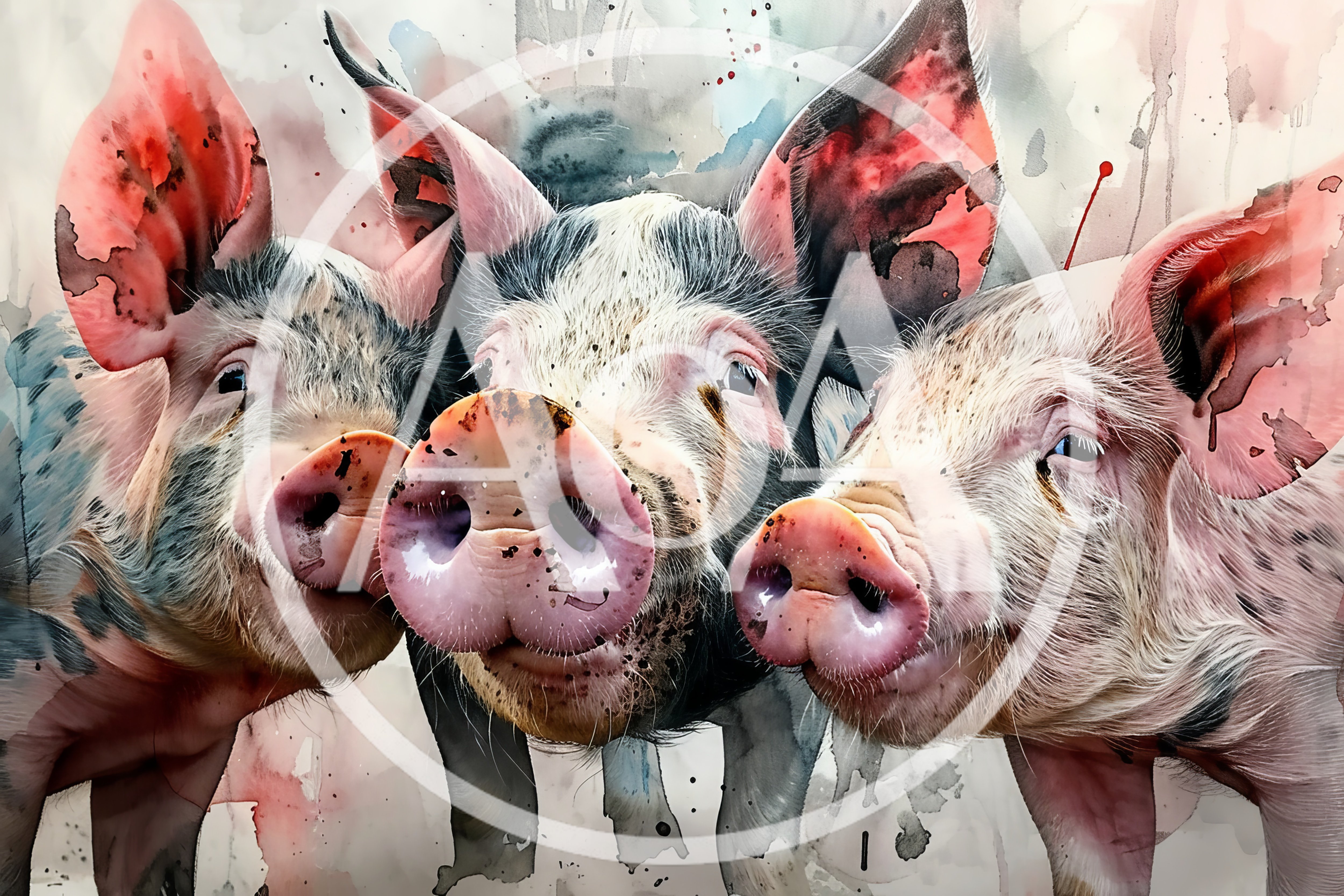 Three Cute Piglets Looking At Camera Watercolor Illustration