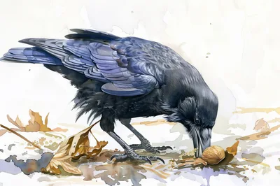 Watercolor Illustration Of A Crow Eating A Walnut