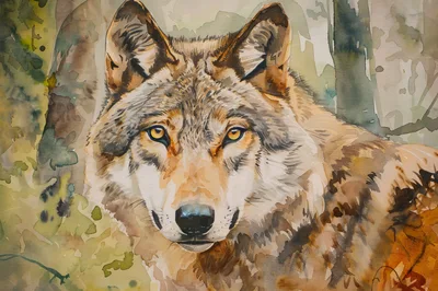 Watercolor Painting Of A Majestic Wolf Portrait