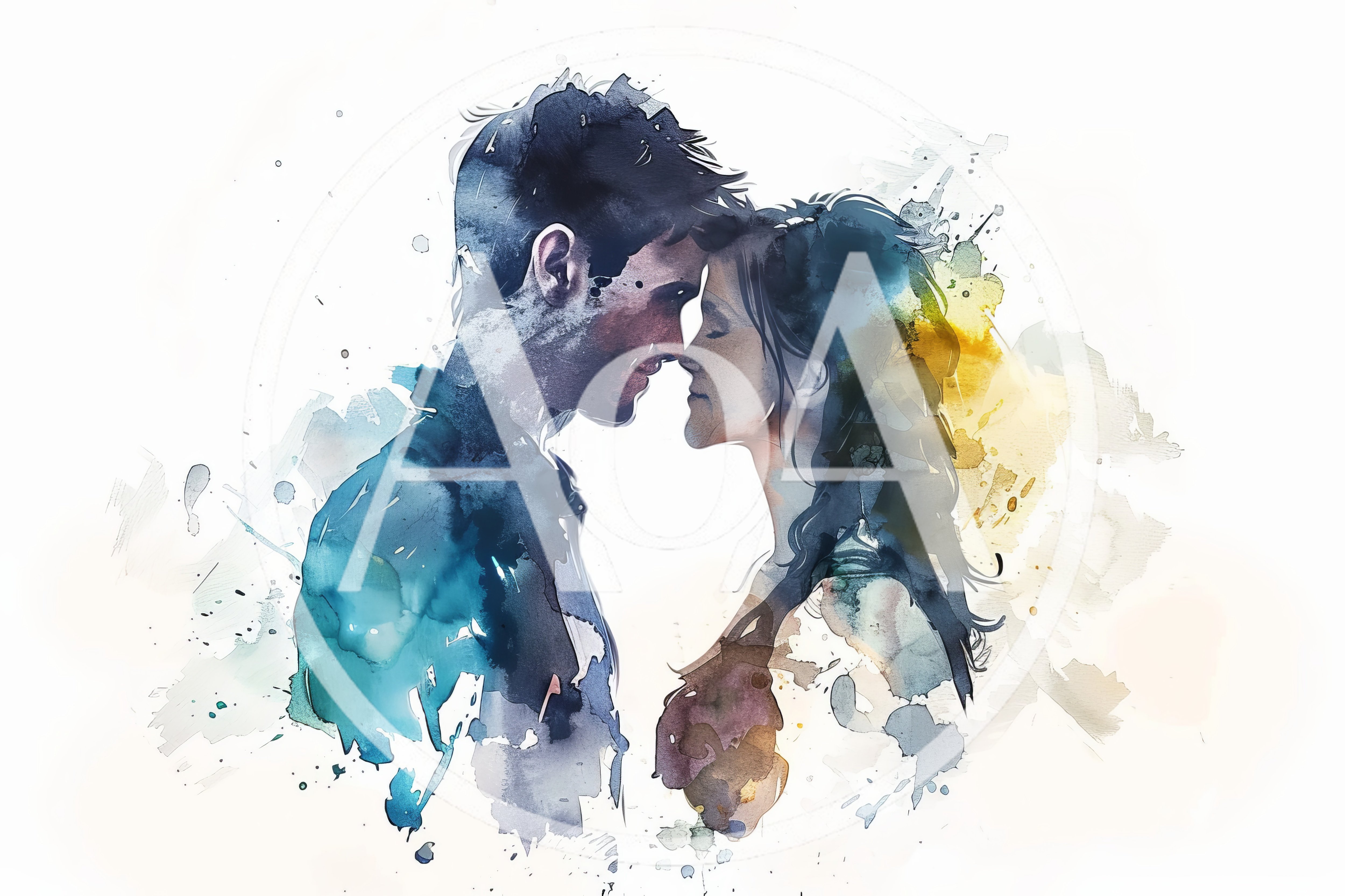 Watercolor Illustration Of A Romantic Couple Facing Each Other