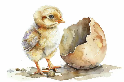 Watercolor Illustration Of A Newborn Chick And Eggshell