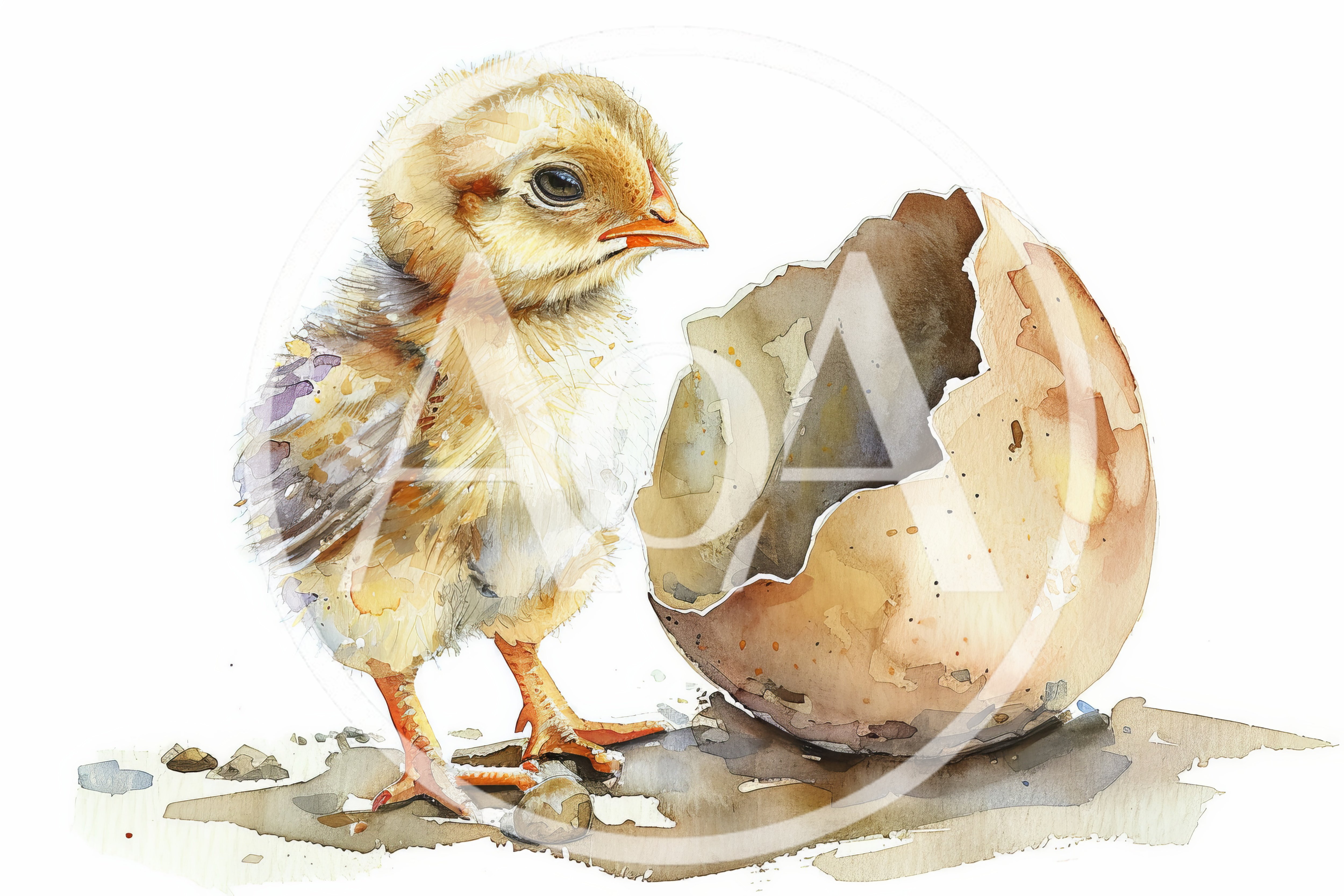 Watercolor Illustration Of A Newborn Chick And Eggshell