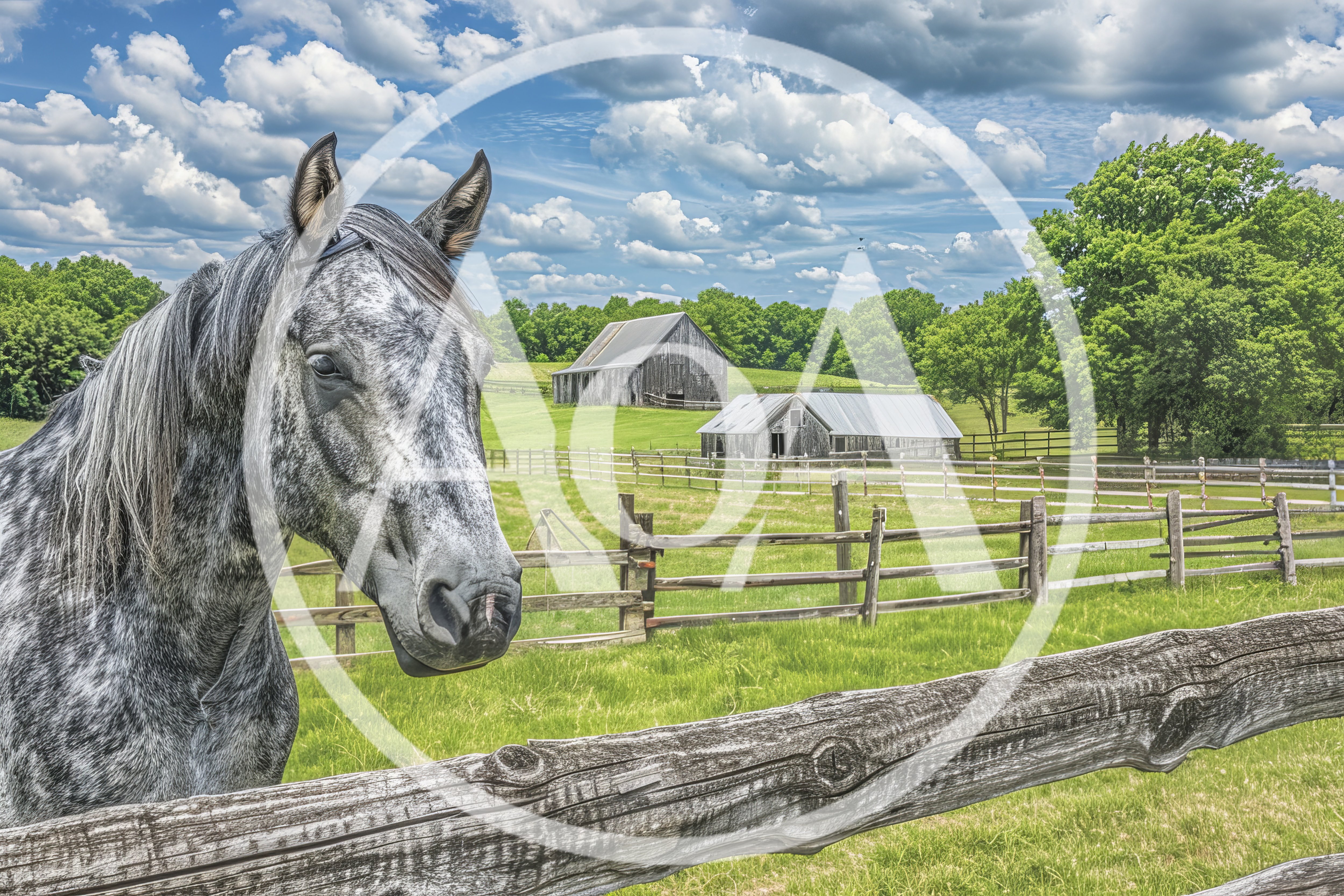 Dapple Gray Horse Standing Near Wooden Farm Fence