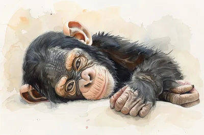 Watercolor Illustration Of A Resting Baby Chimpanzee