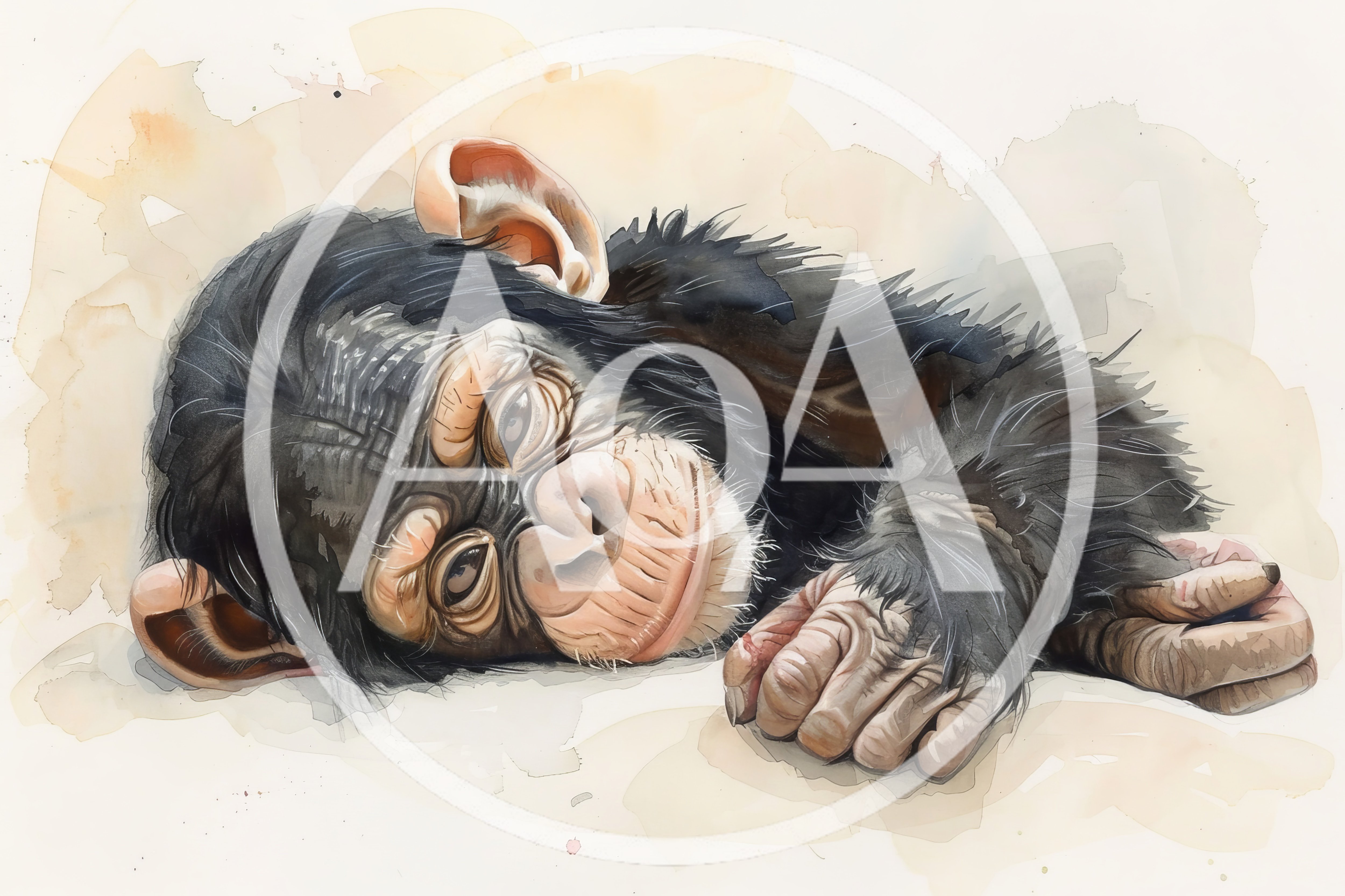 Watercolor Illustration Of A Resting Baby Chimpanzee