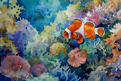 Watercolor Painting Of A Clownfish In A Coral Reef