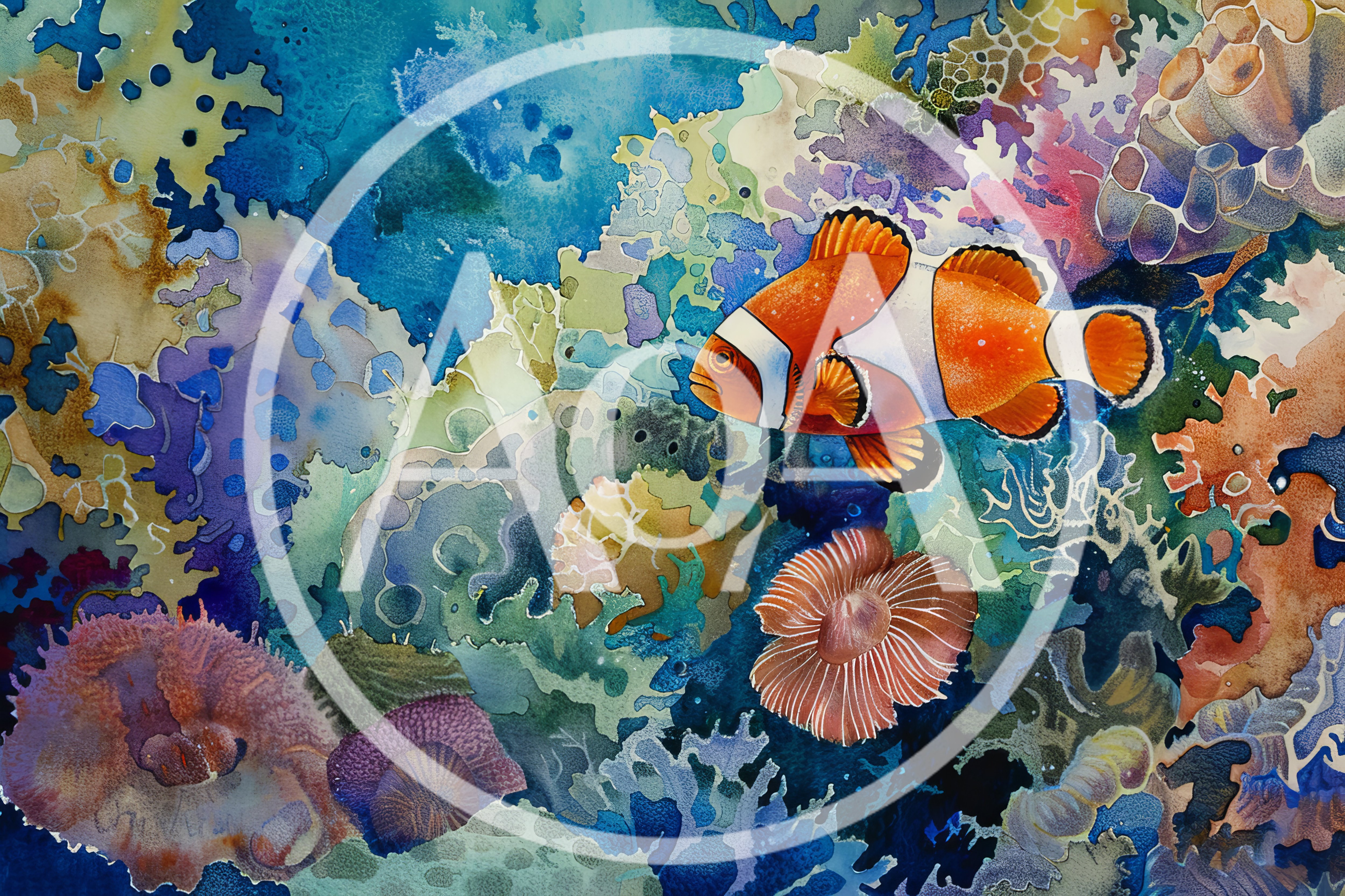 Watercolor Painting Of A Clownfish In A Coral Reef