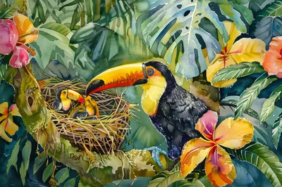 Watercolor Illustration of Toucans in a Tropical Nest