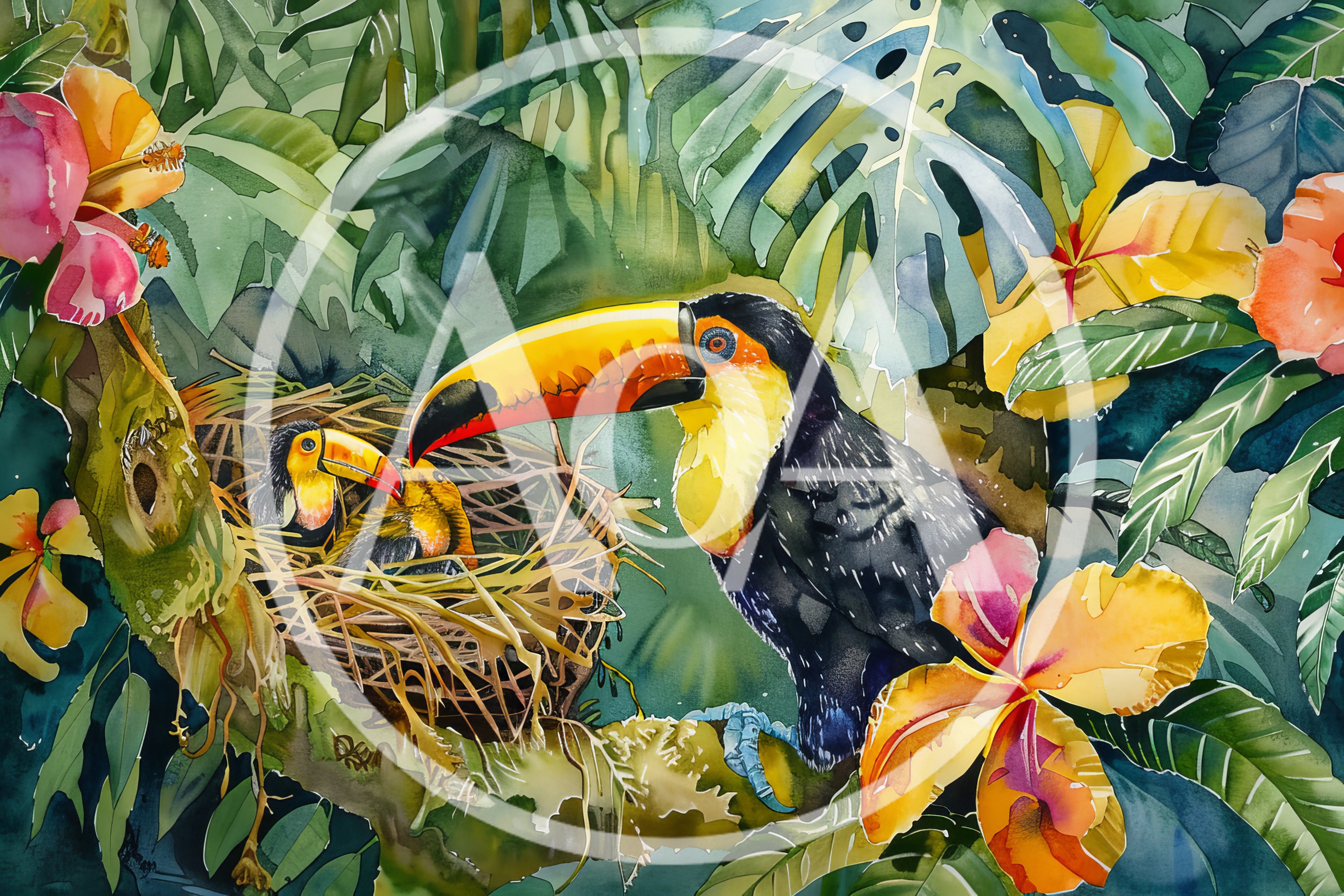 Watercolor Illustration of Toucans in a Tropical Nest