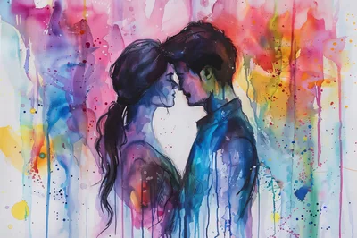 Watercolor Illustration Of A Romantic Couple Facing Each Other