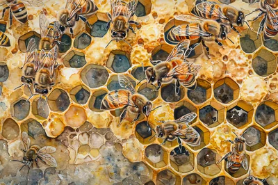 Honey Bees Working On A Detailed Honeycomb