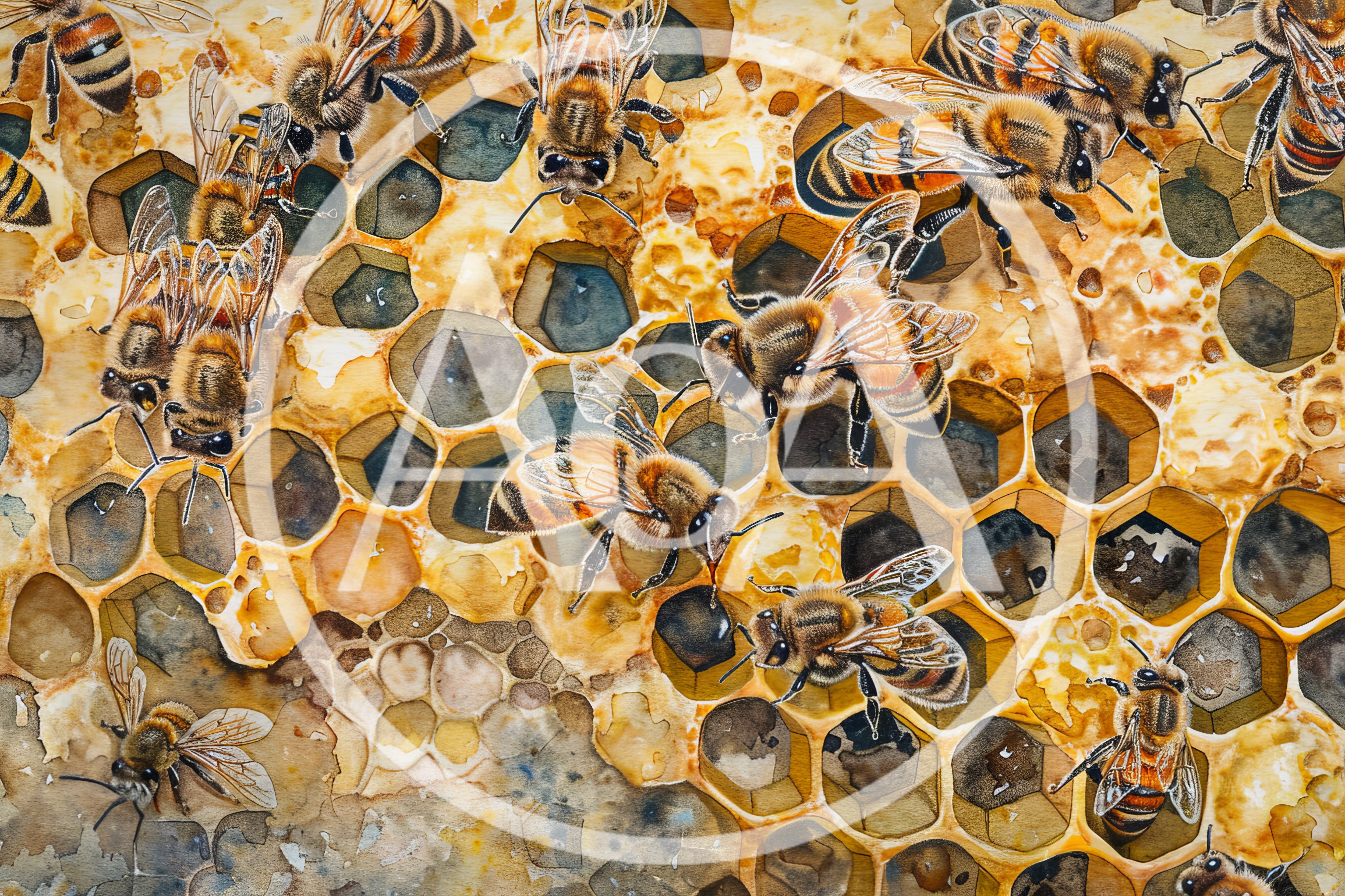 Honey Bees Working On A Detailed Honeycomb