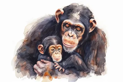 Watercolor Illustration Of A Mother Chimpanzee Holding Her Baby