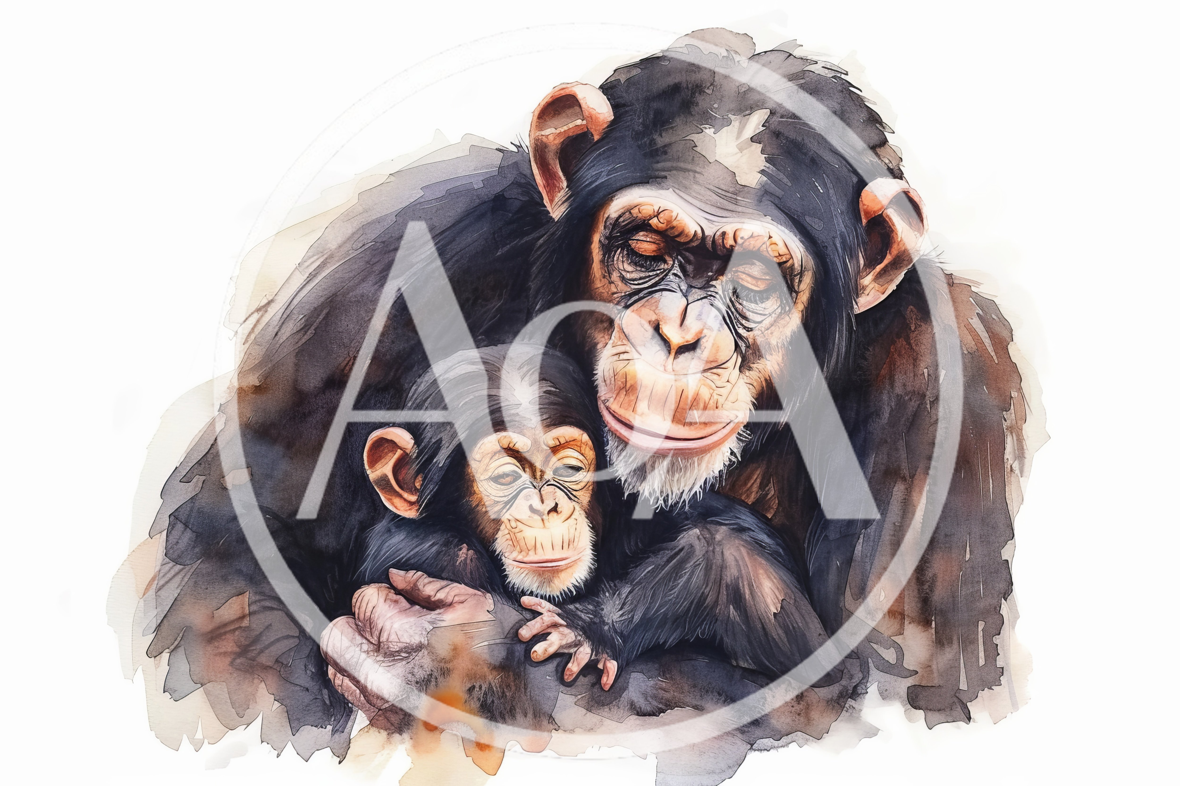 Watercolor Illustration Of A Mother Chimpanzee Holding Her Baby