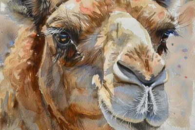 Watercolor Painting Of A Camel Face Close Up