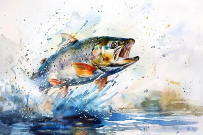 Watercolor Illustration Of A Jumping Trout Fish