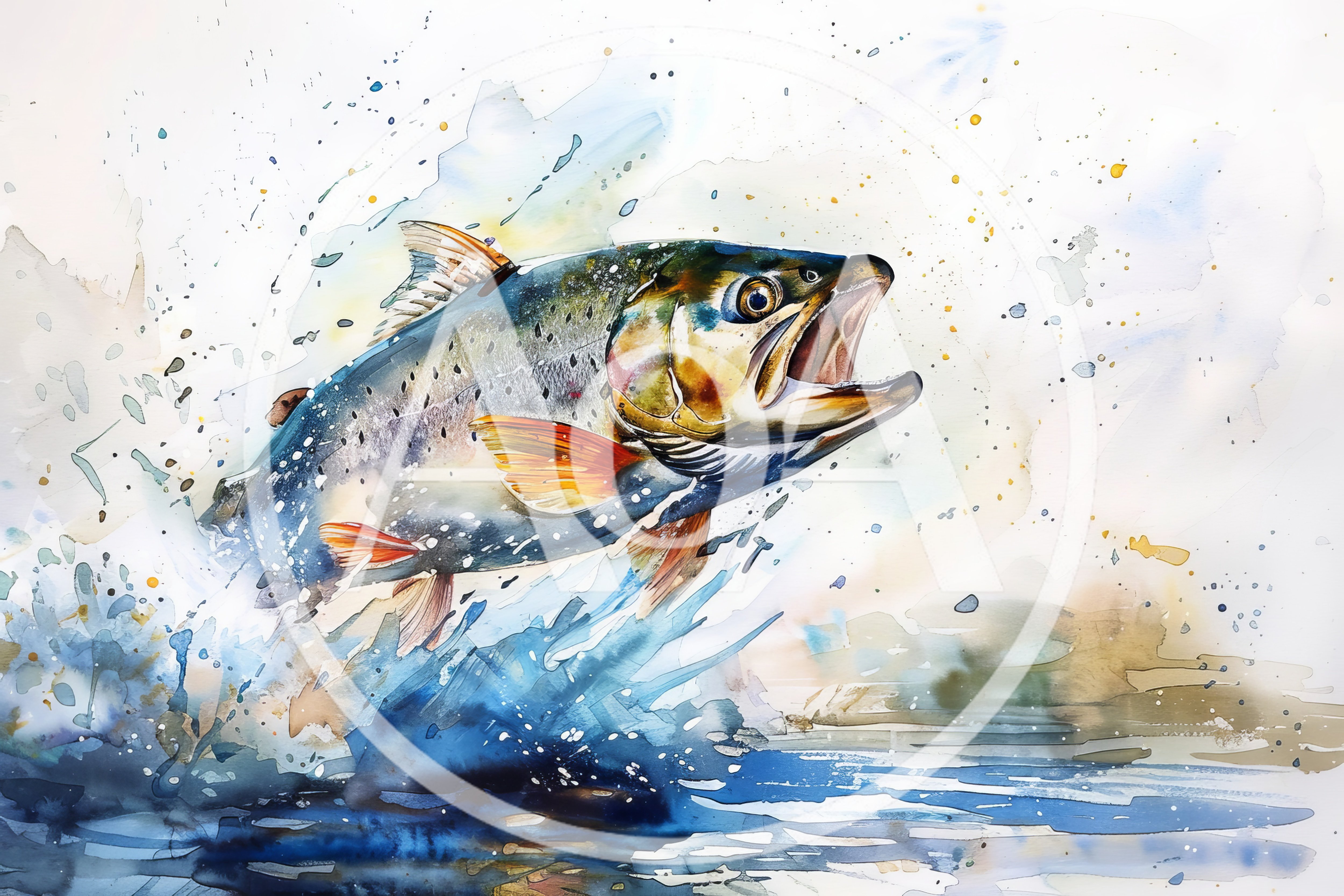 Watercolor Illustration Of A Jumping Trout Fish