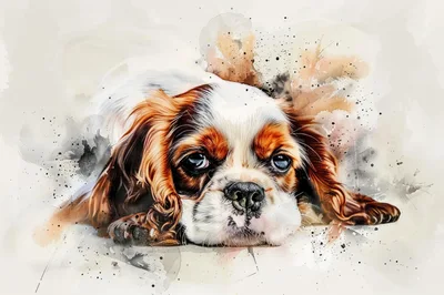 Watercolor Portrait Of A Cavalier King Charles Spaniel