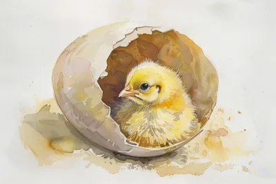 Watercolor Illustration Of A Baby Chick Hatching From Egg