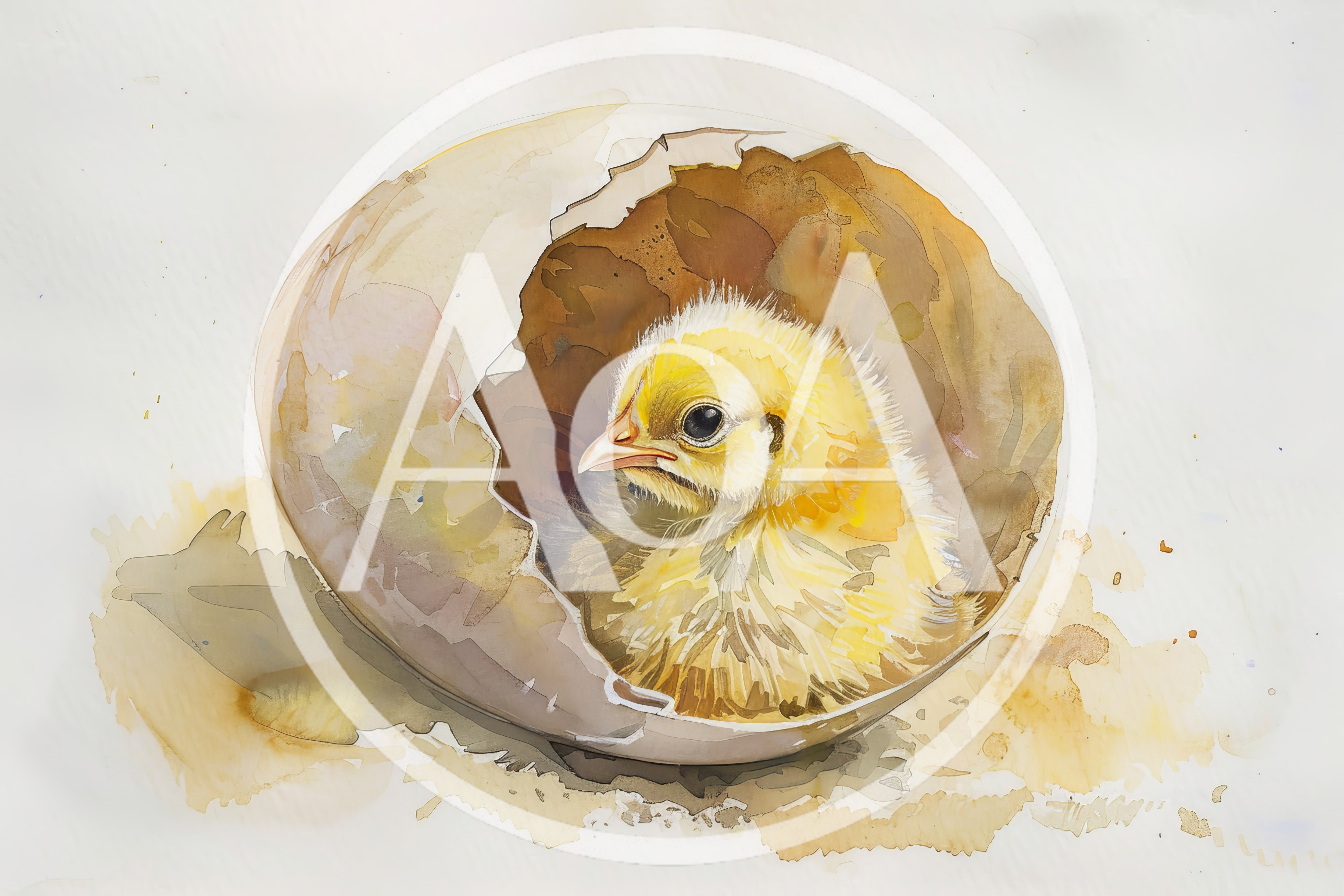Watercolor Illustration Of A Baby Chick Hatching From Egg