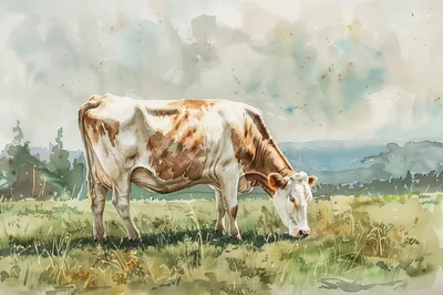 Watercolor Painting Of A Cow Grazing In A Meadow
