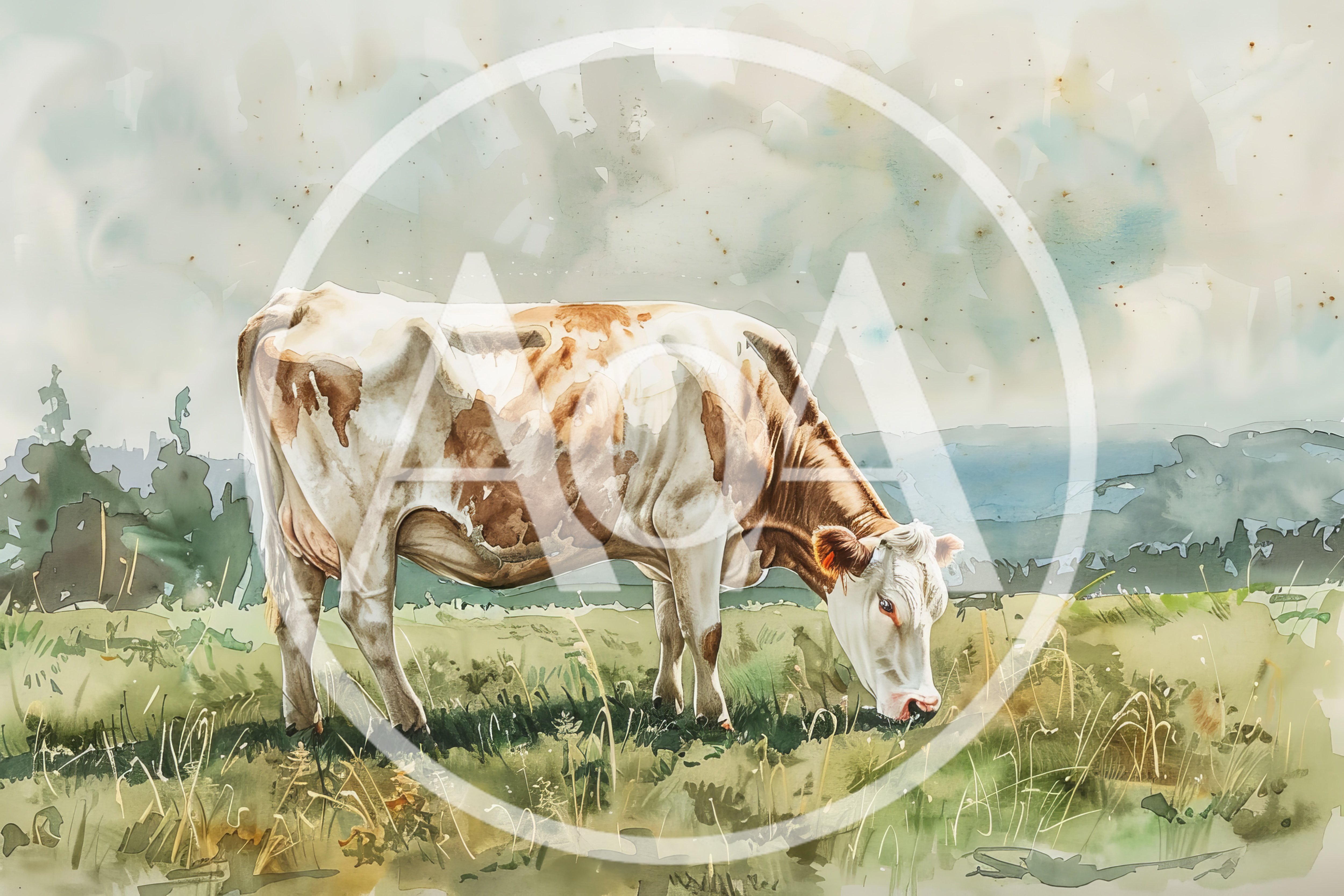 Watercolor Painting Of A Cow Grazing In A Meadow
