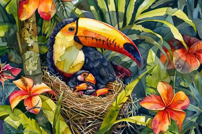 Toco Toucan Mother Caring For Chicks In Nest