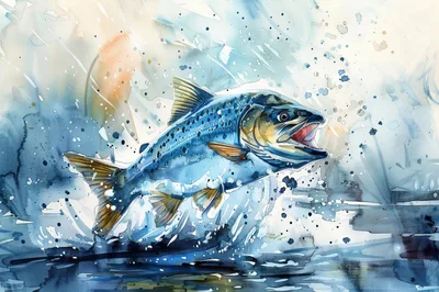 Watercolor Illustration Of A Leaping Salmon