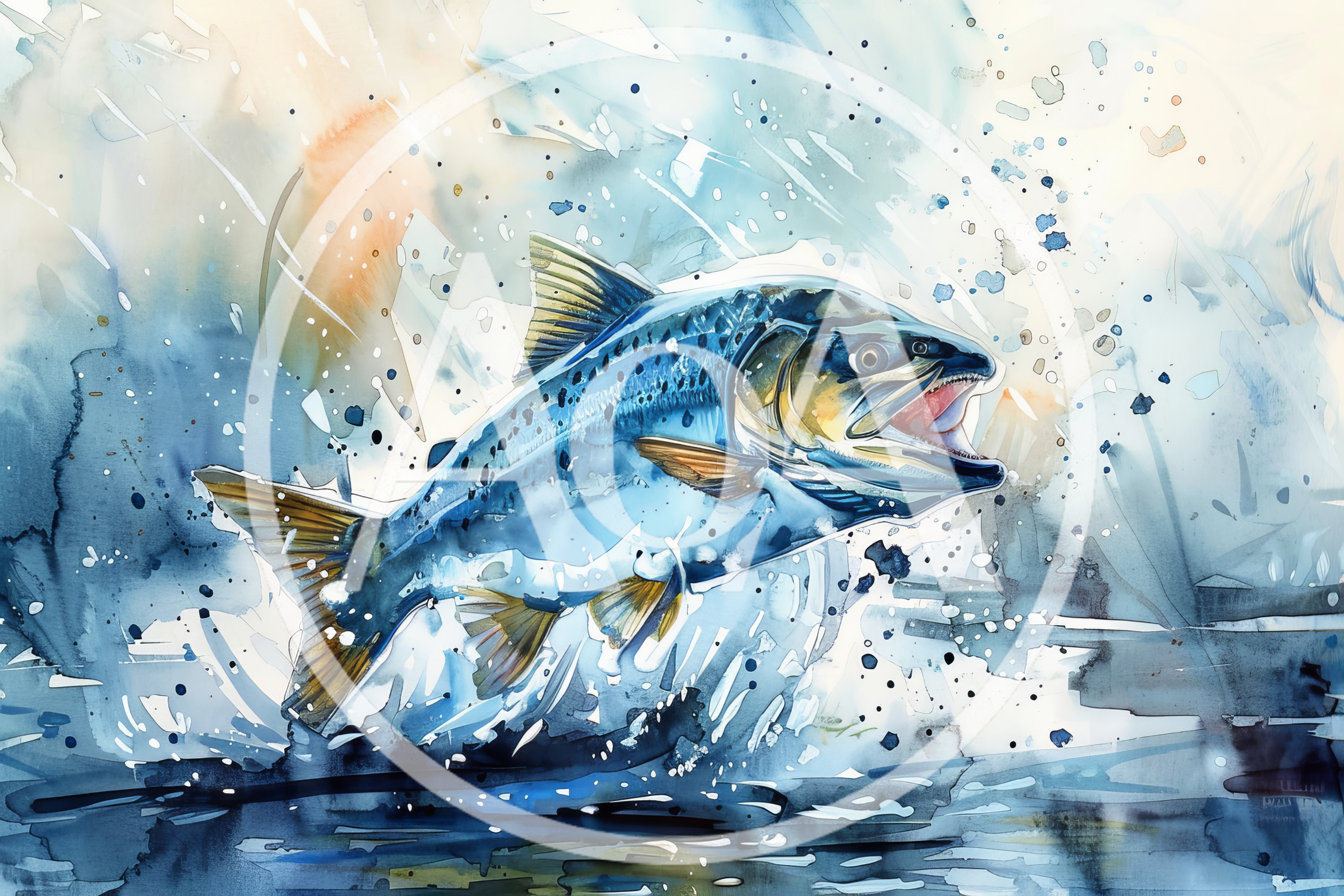 Watercolor Illustration Of A Leaping Salmon